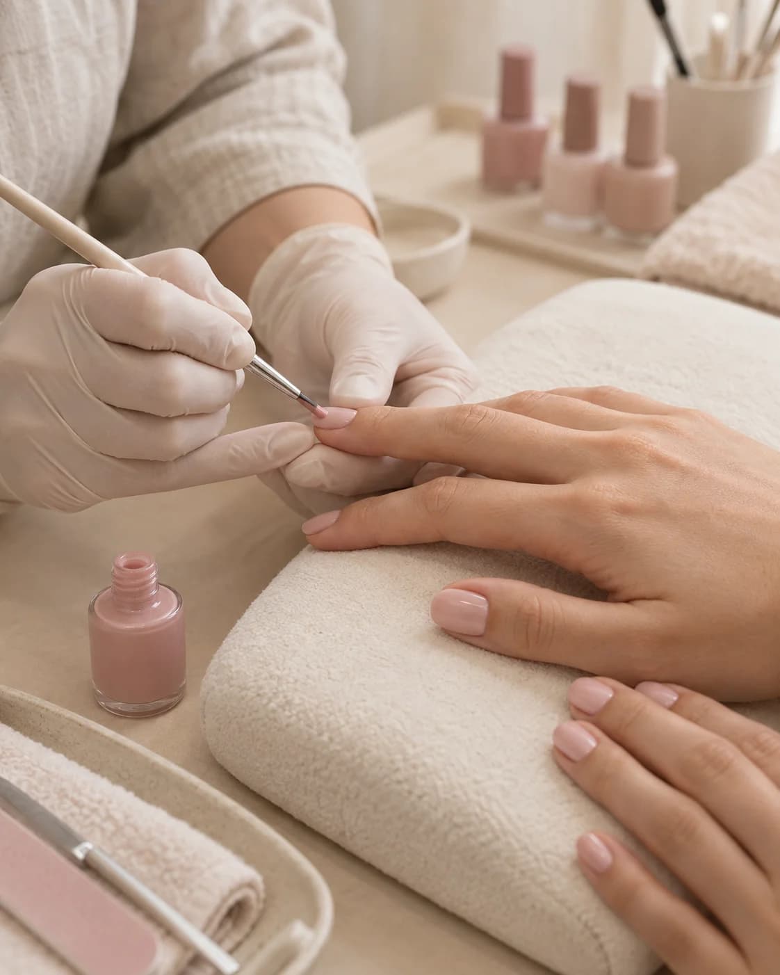 An editorial close-up of a nail technician carefully applying pink polish